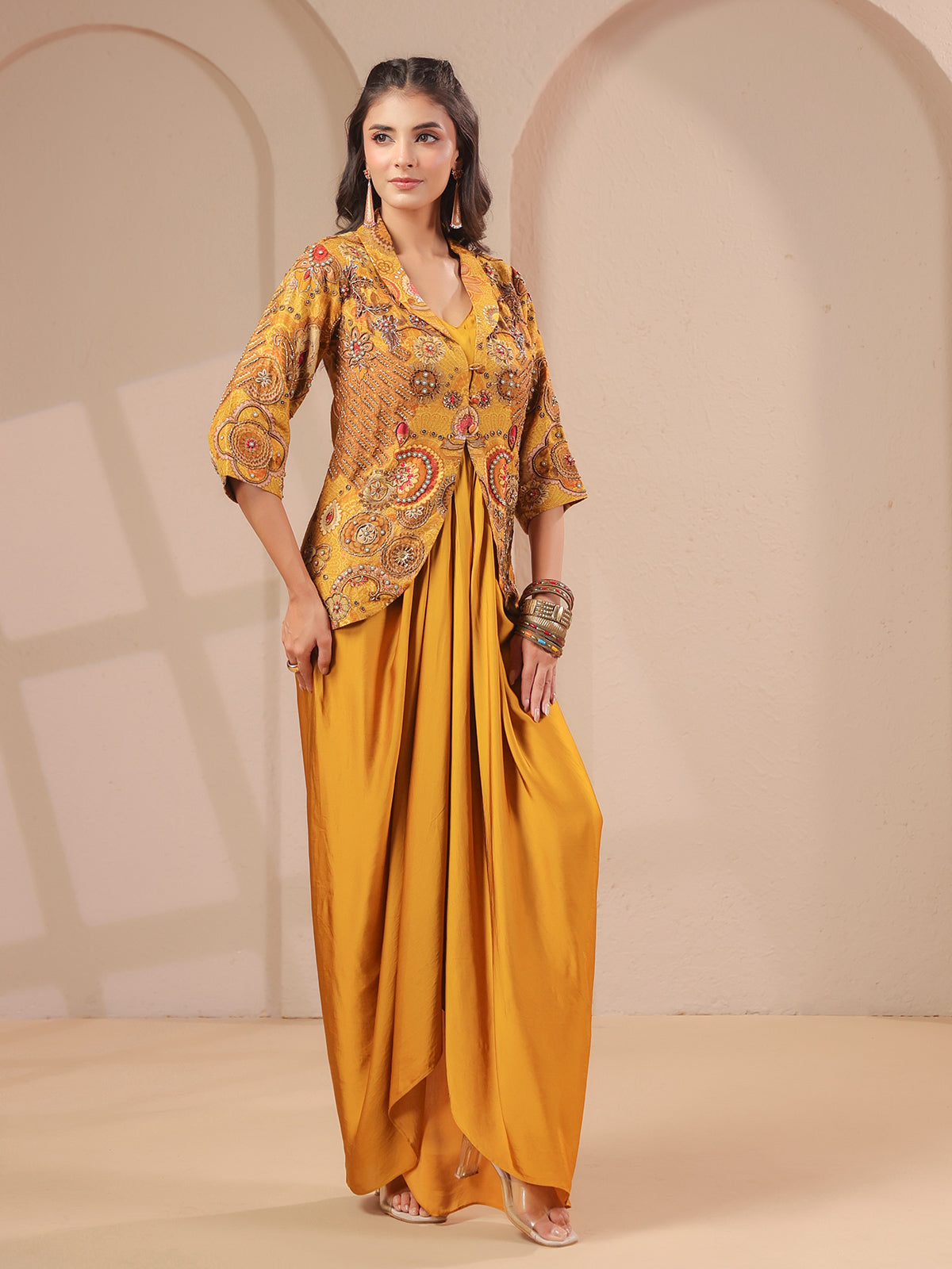 Mustard yellow embellished jacket bustier drape indowestern suit