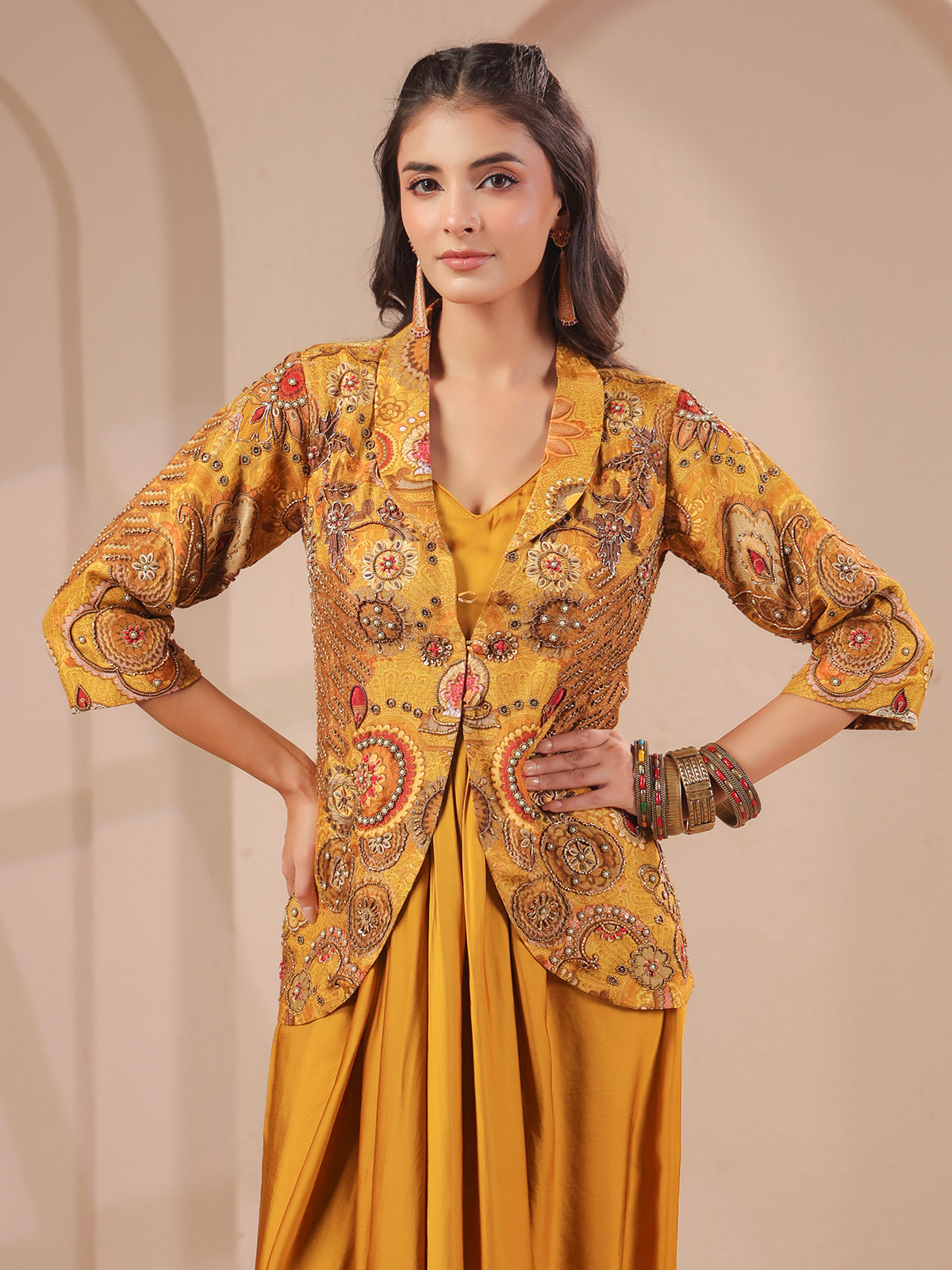 Mustard yellow embellished jacket bustier drape indowestern suit