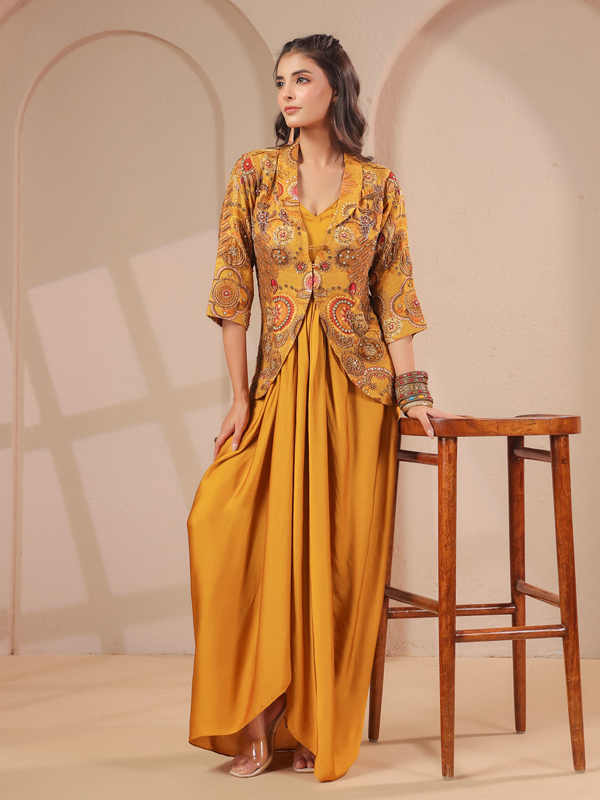 Mustard yellow embellished jacket bustier drape indowestern suit