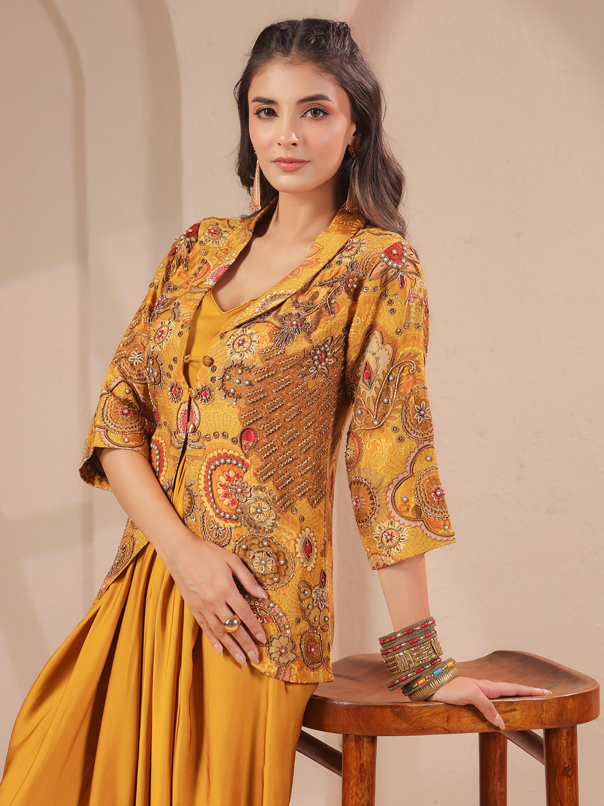 Mustard yellow embellished jacket bustier drape indowestern suit