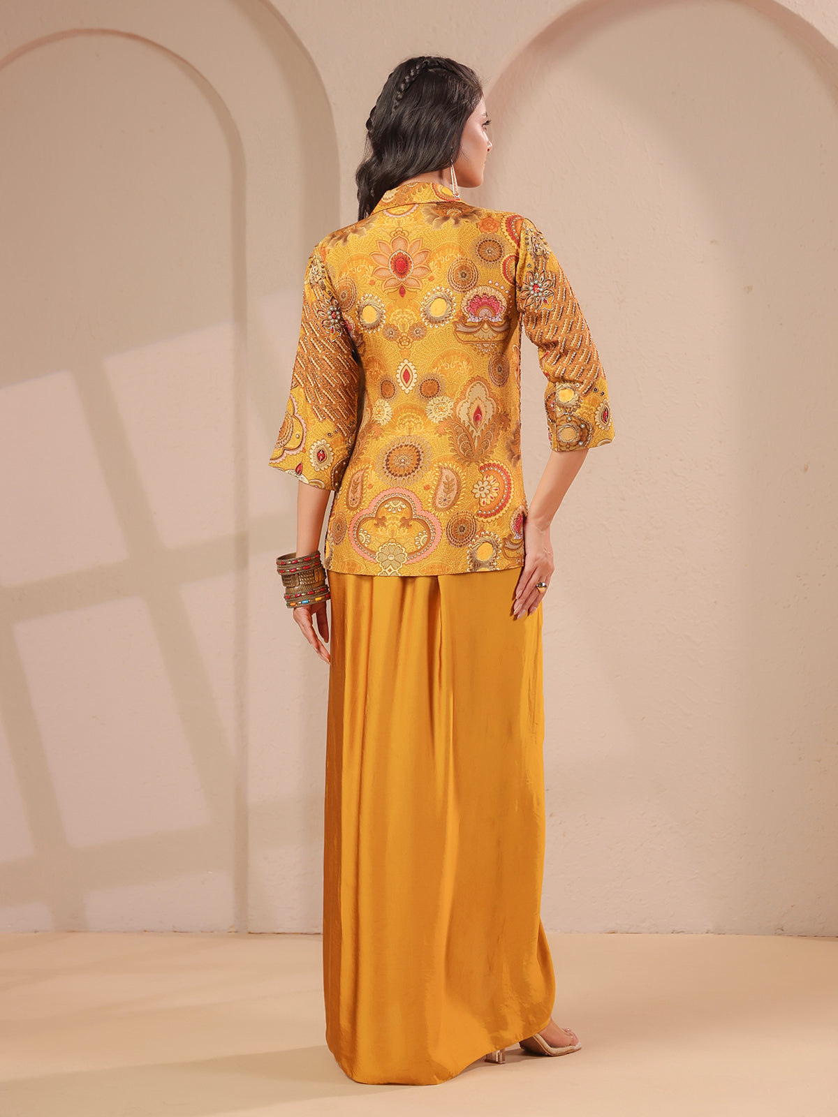 Mustard yellow embellished jacket bustier drape indowestern suit