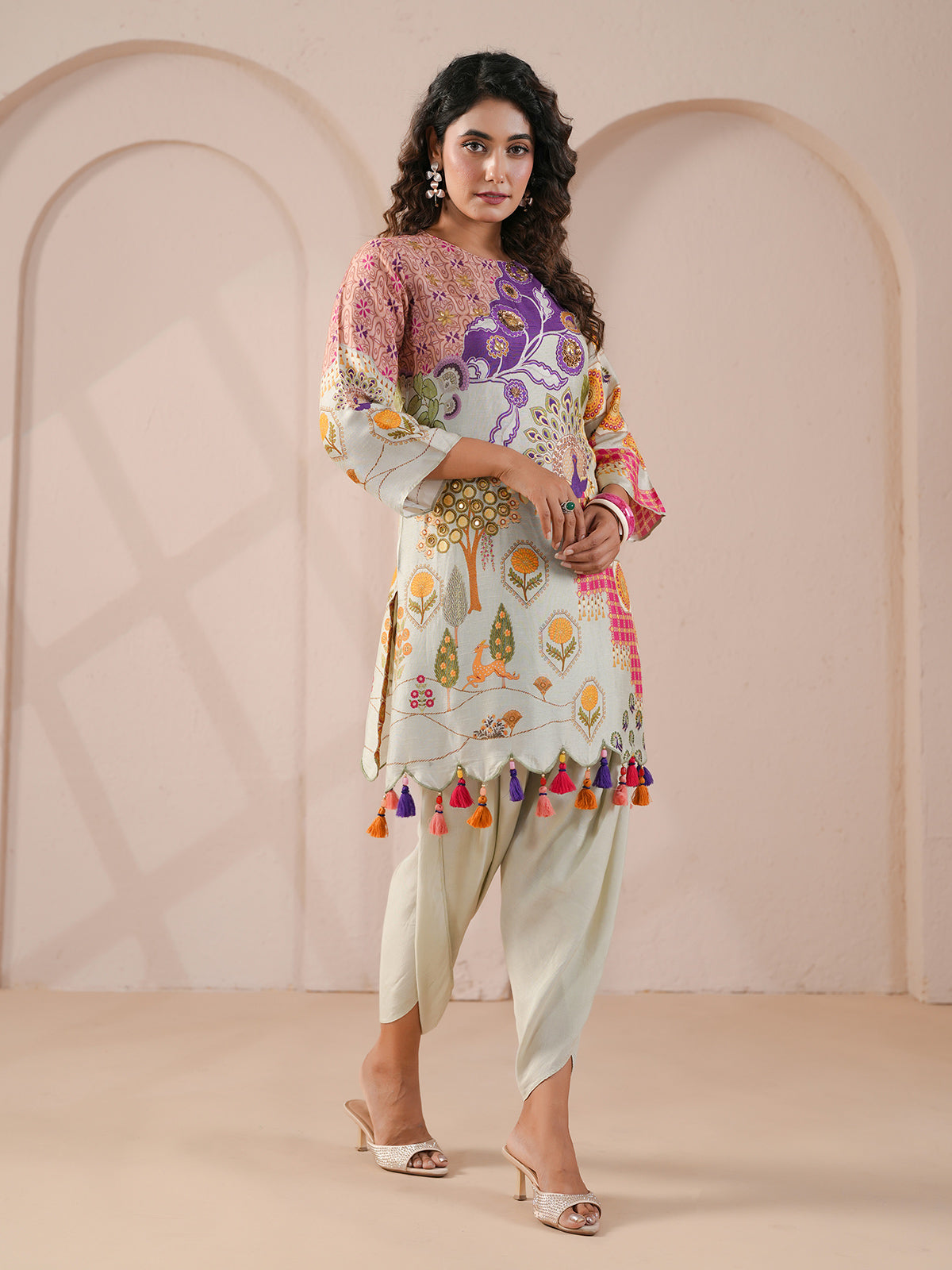 Pista green scalloped hem embellished kurta with dhoti suit