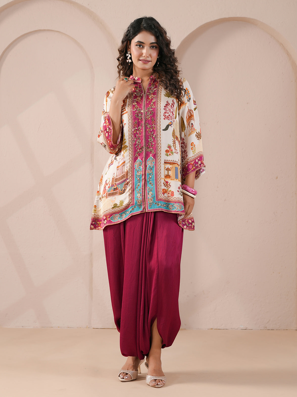 Purple hand printed ethnic kurta with indowestern suit