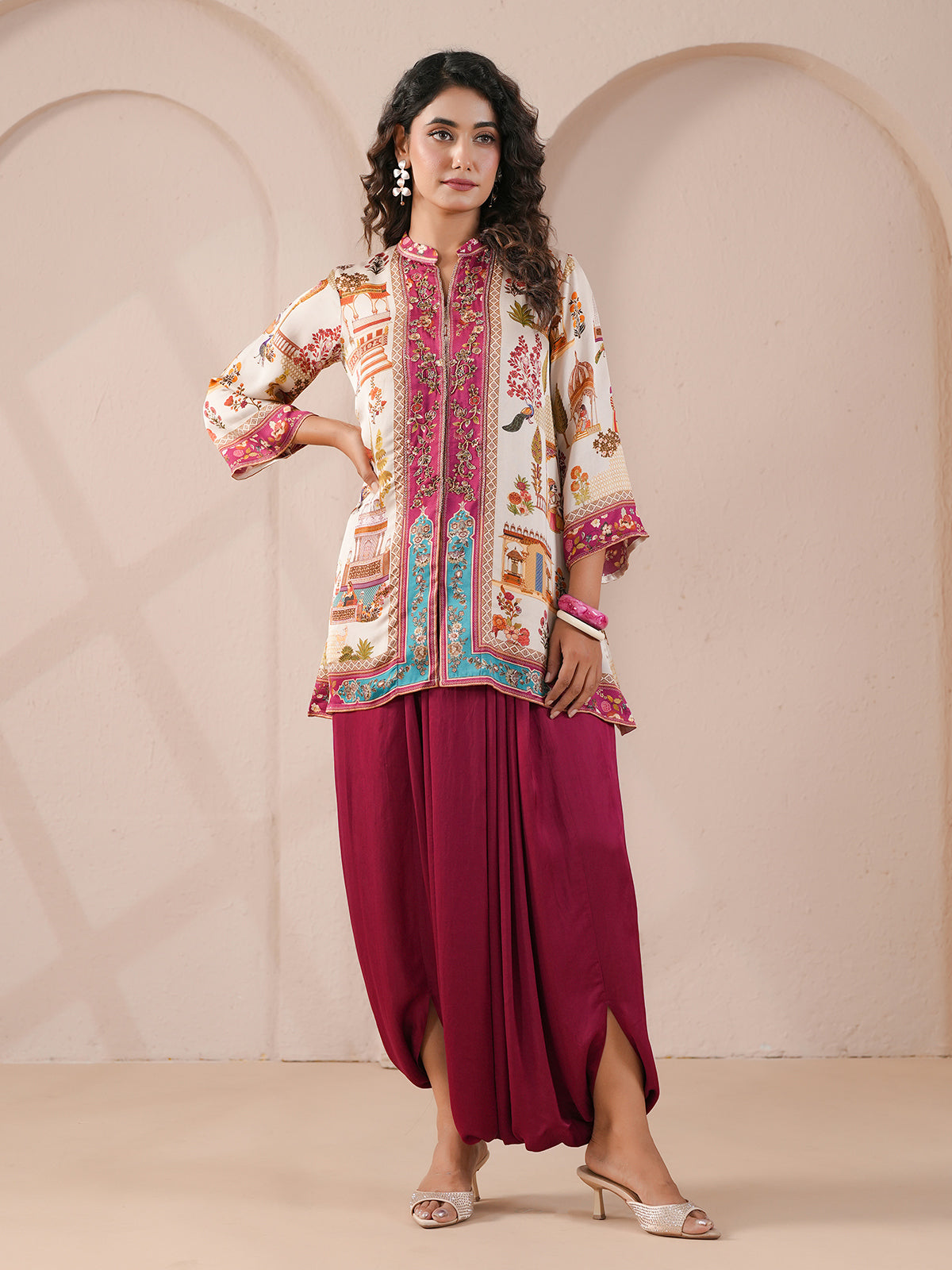 Purple hand printed ethnic kurta with indowestern suit