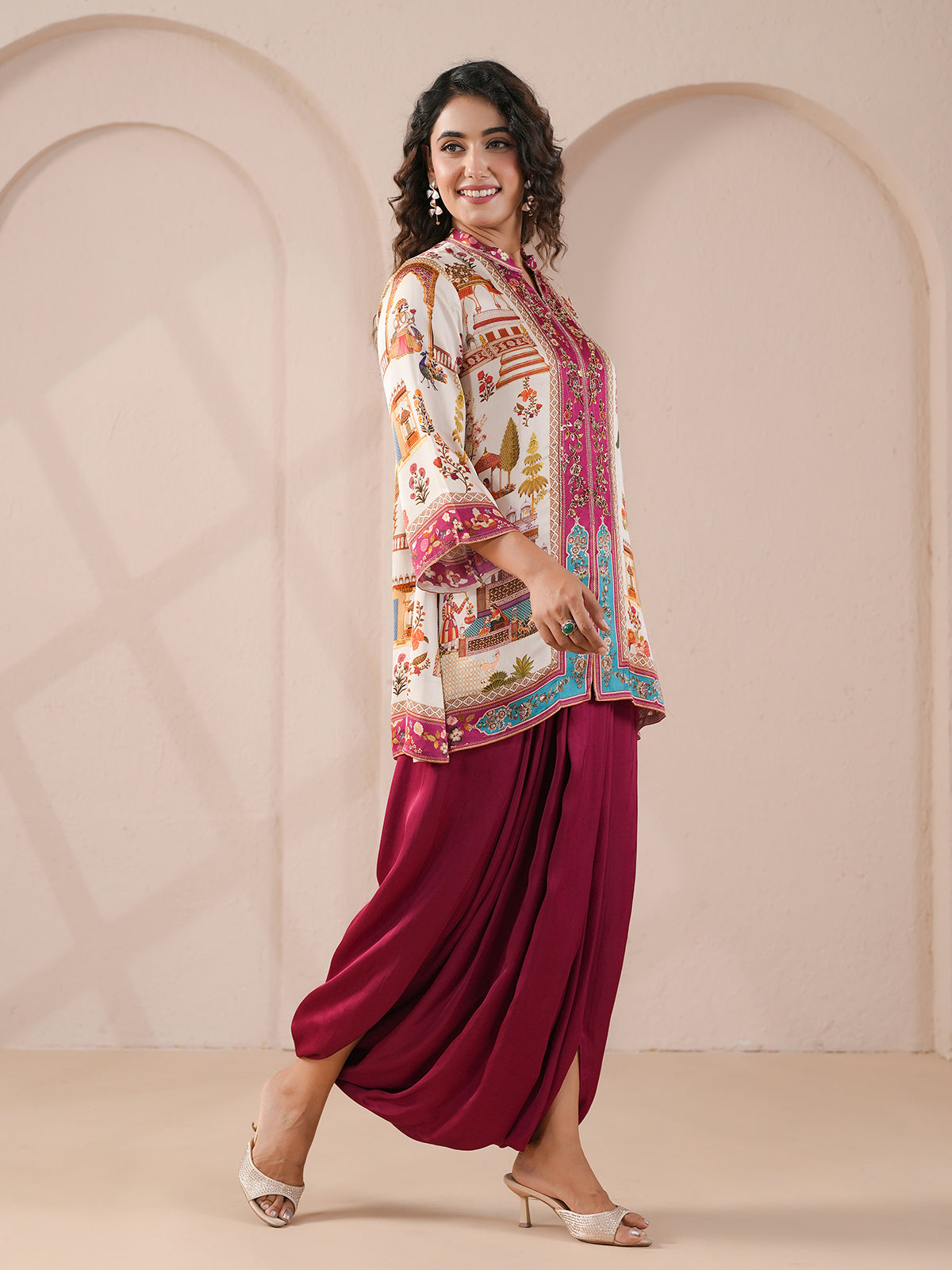 Purple hand printed ethnic kurta with indowestern suit