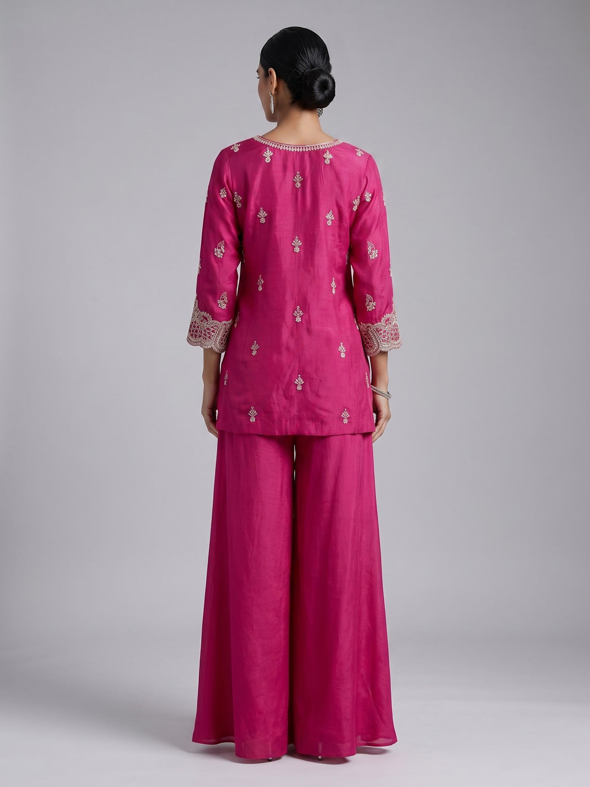 Rani pink satin silk palazzo suit with square neckline