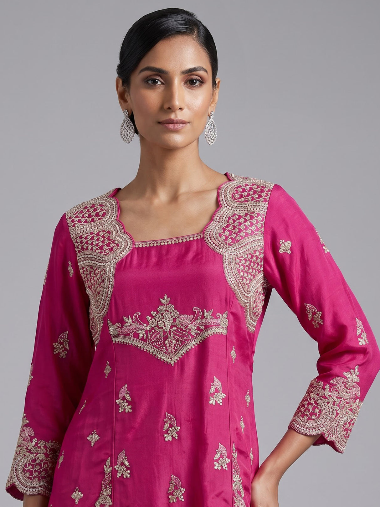 Rani pink satin silk palazzo suit with square neckline