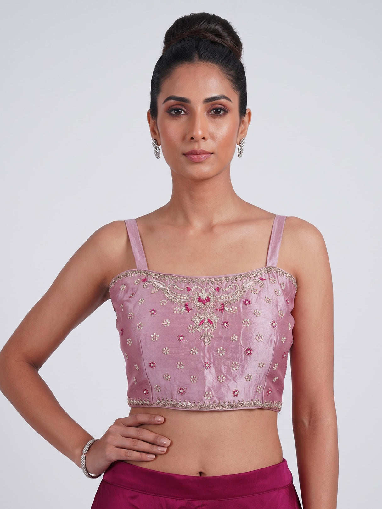 Rani pink satin silk palazzo suit for wedding celebration