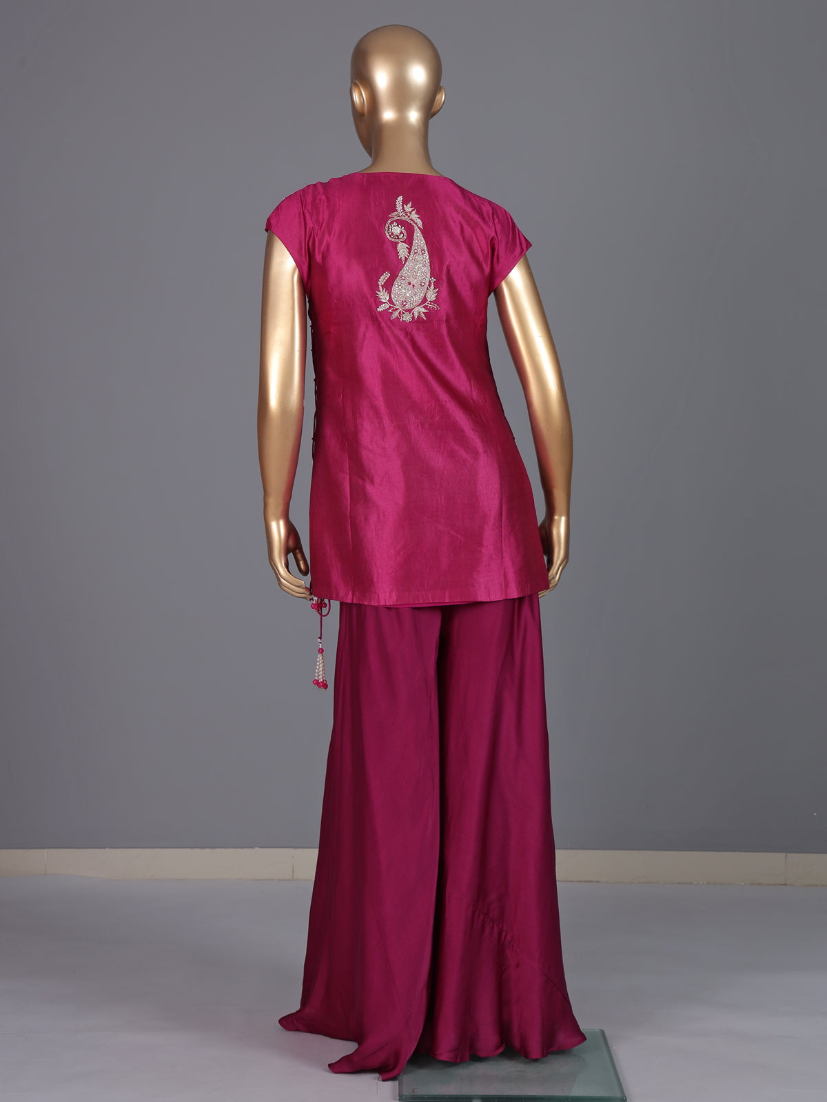 Rani pink satin silk palazzo suit for wedding celebration