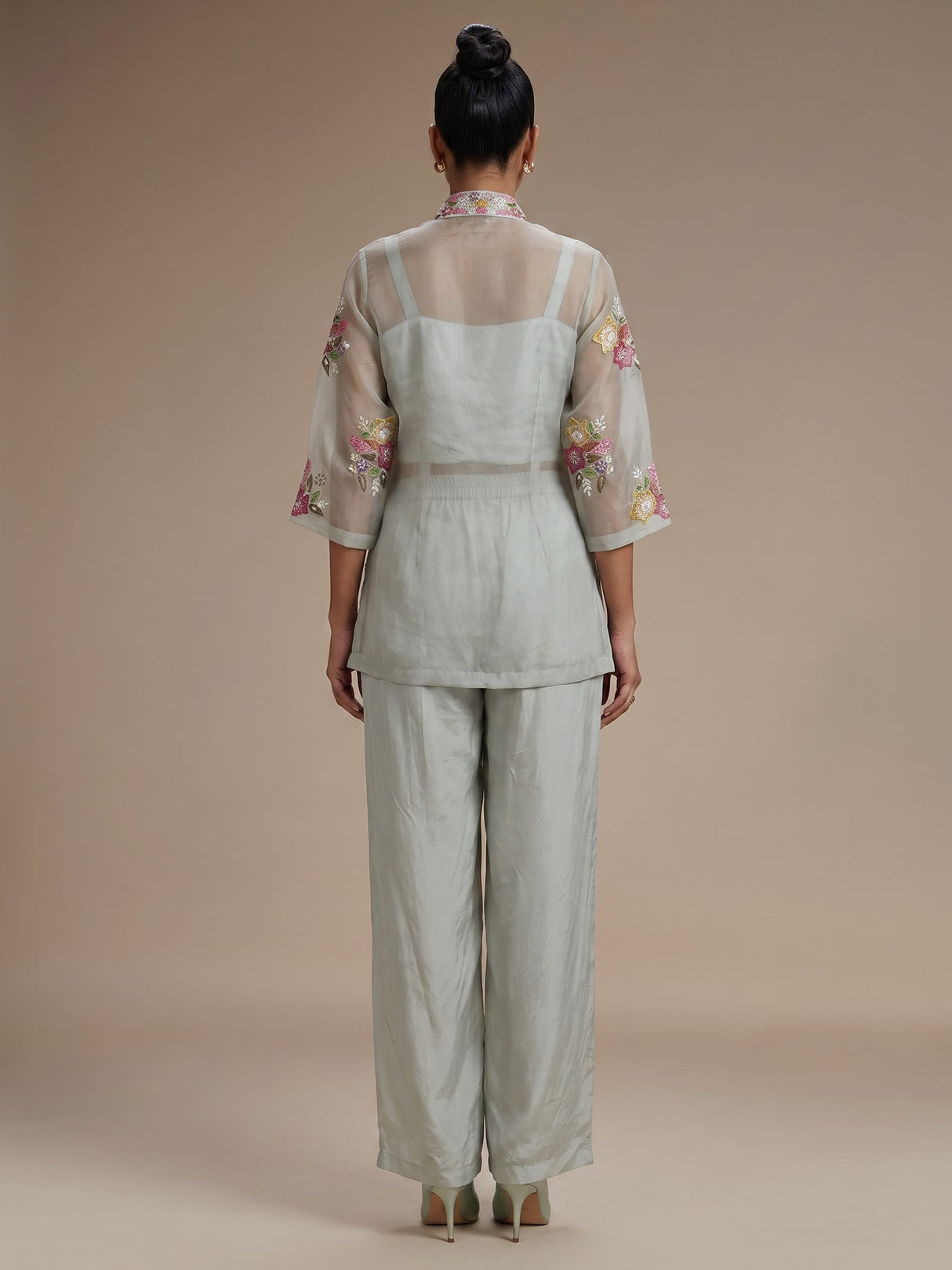 Grey organza and satin silk palazzo suit