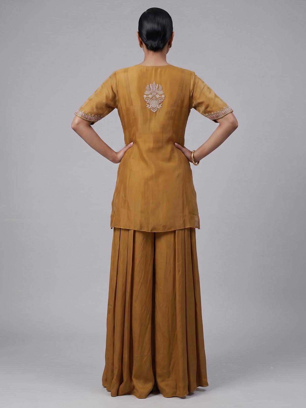 Mustard yellow organza and satin silk palazzo suit