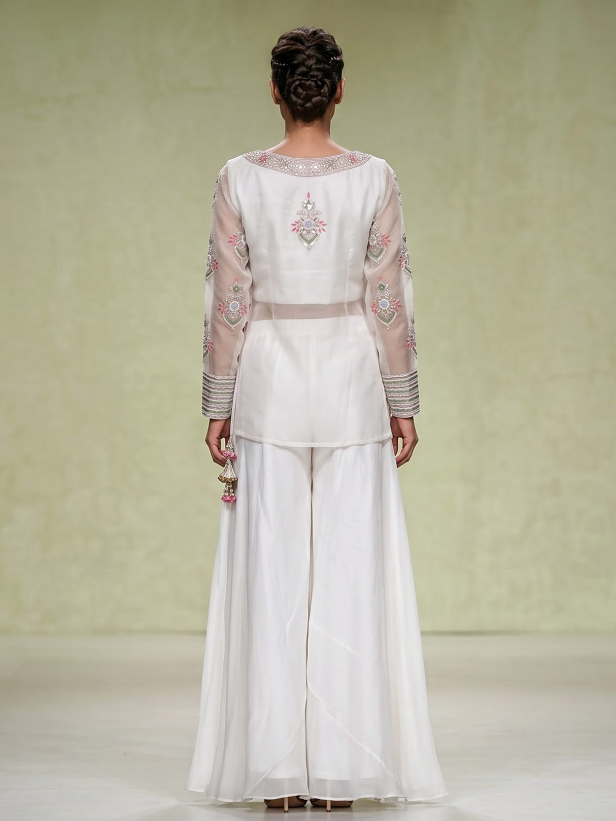White organza palazzo suit with designer detailing