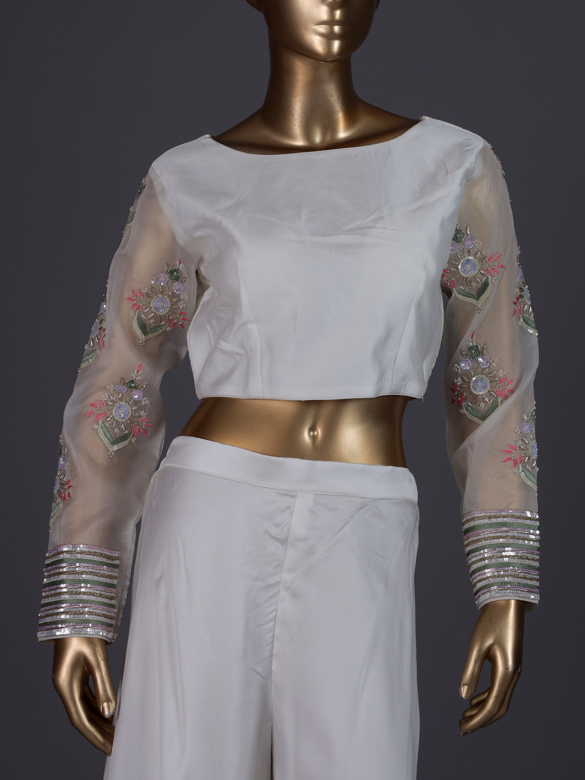 White organza palazzo suit with designer detailing