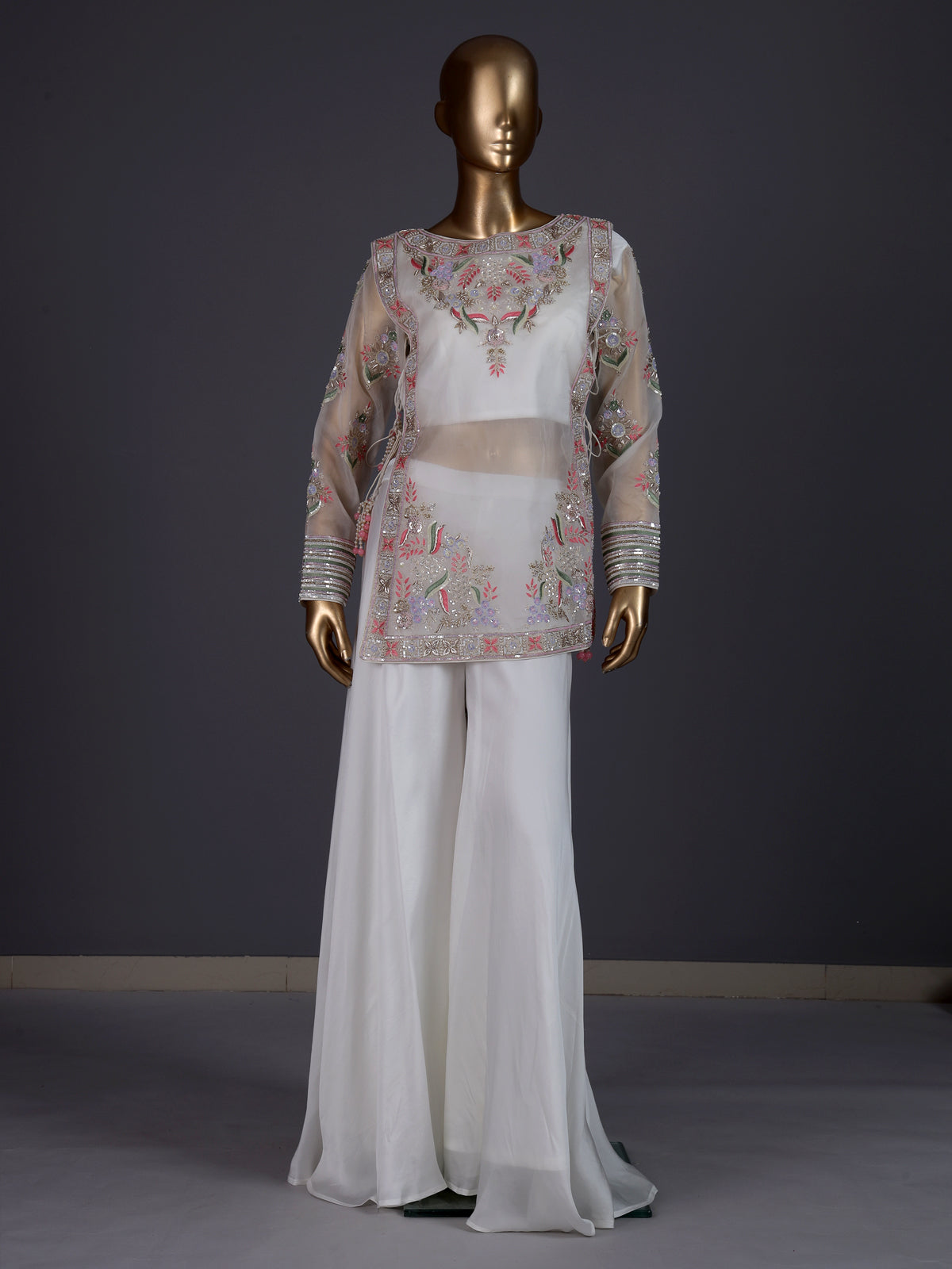 White organza palazzo suit with designer detailing