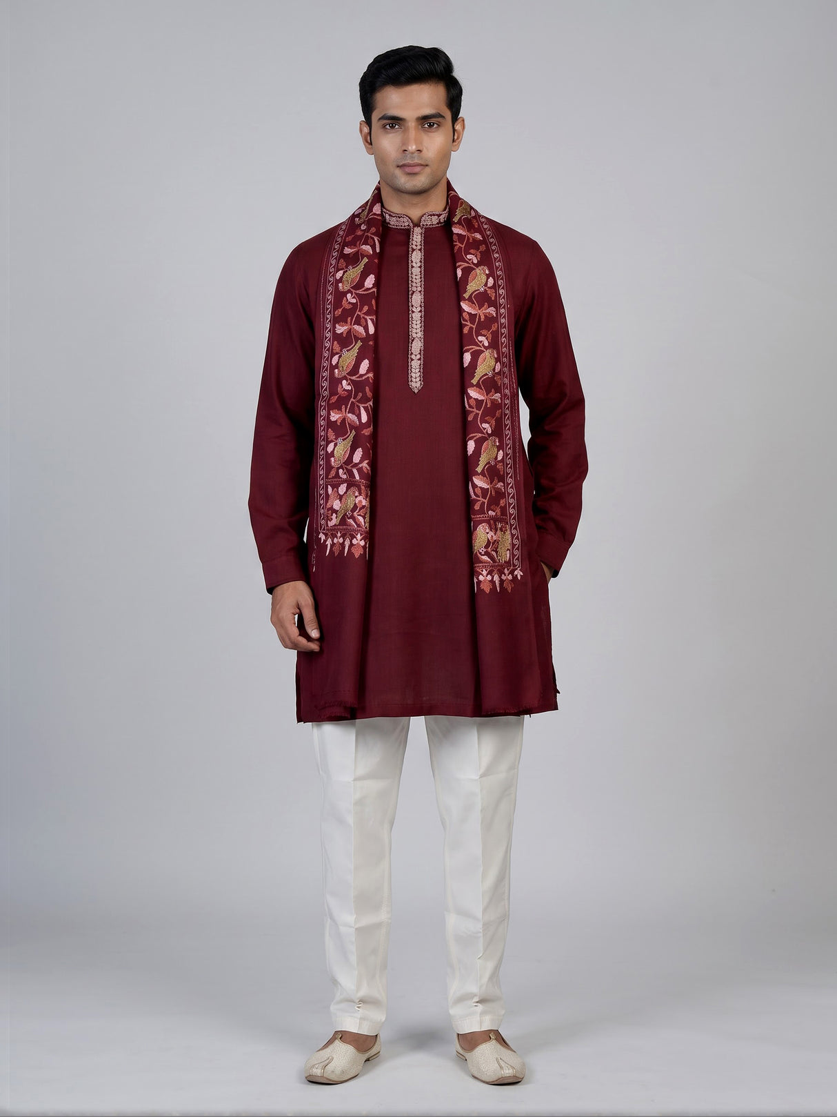 Maroon linen silk mens kurta suit with detailed bird motif