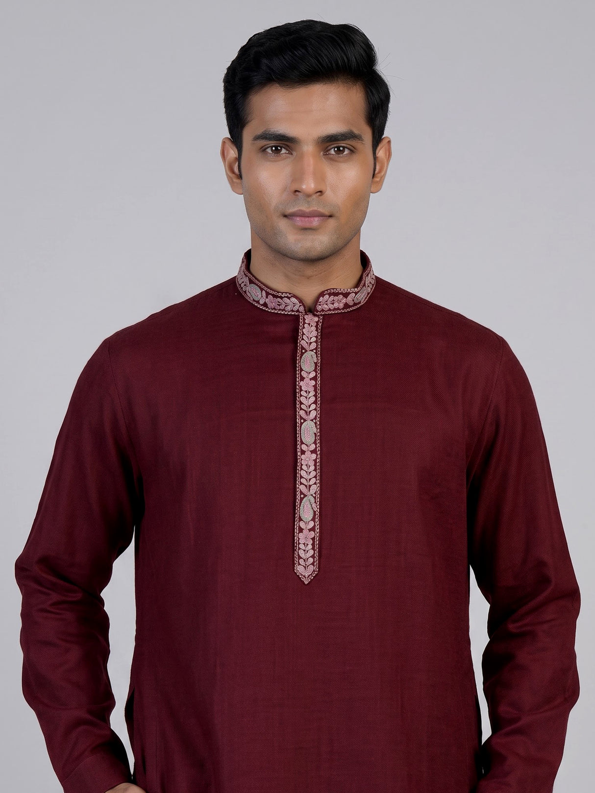 Maroon linen silk mens kurta suit with detailed bird motif