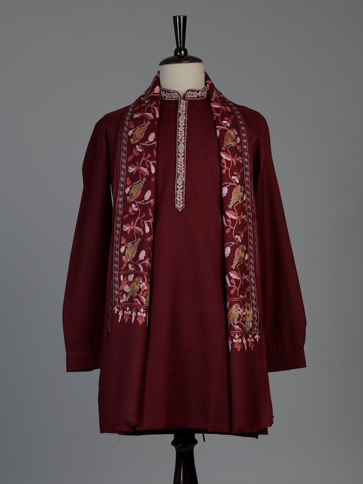 Maroon linen silk mens kurta suit with detailed bird motif