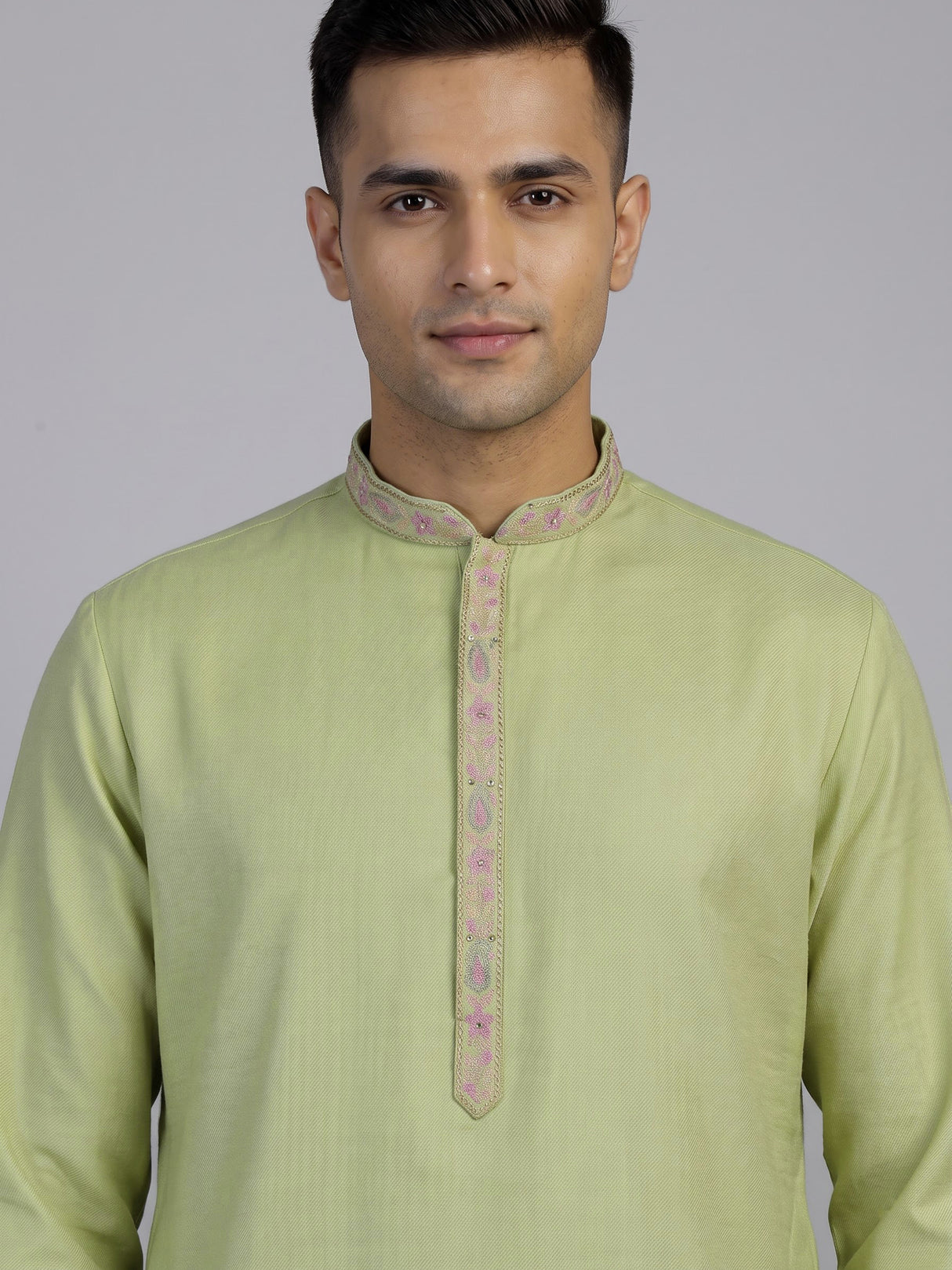 Pista green linen silk mens kurta suit with artistic bird motif