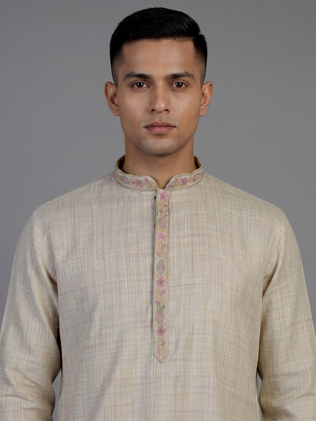 Beige linen silk mens kurta suit with neck stonework and bird motif
