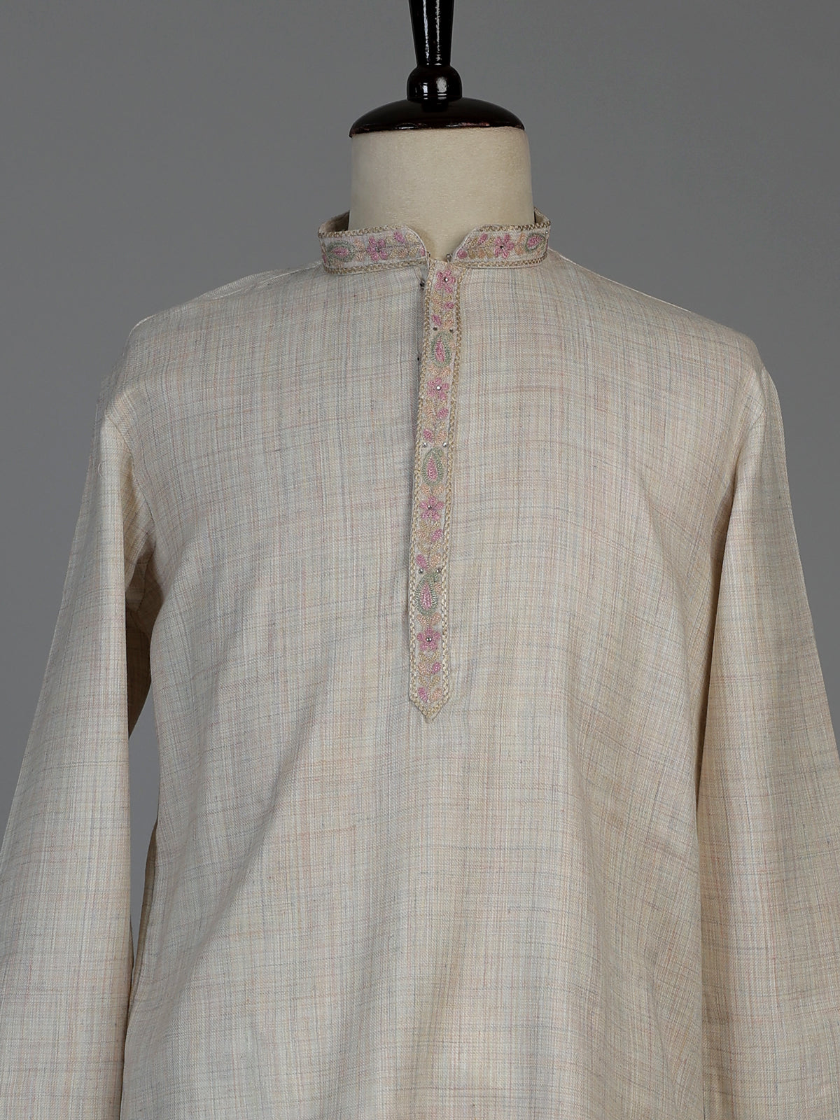 Beige linen silk mens kurta suit with neck stonework and bird motif