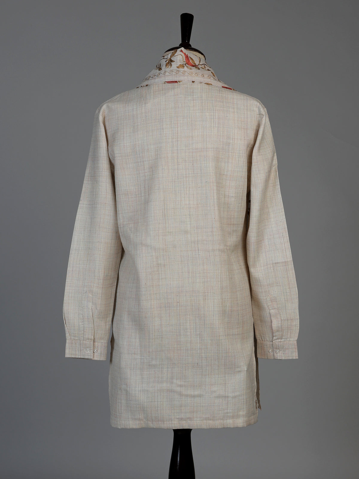 Beige linen silk mens kurta suit with neck stonework and bird motif