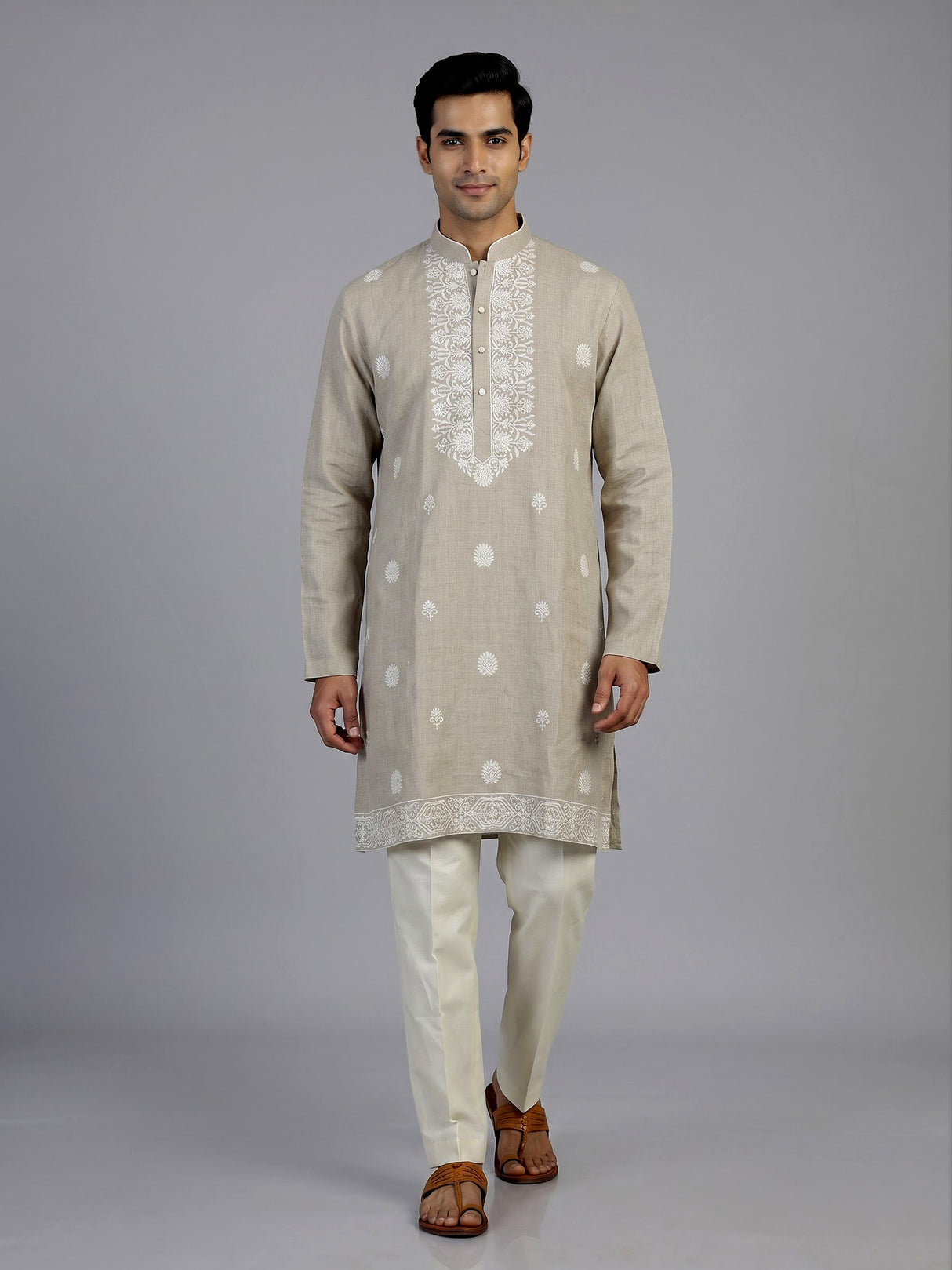 Beige linen silk mens kurta suit with elegant butti embroidery