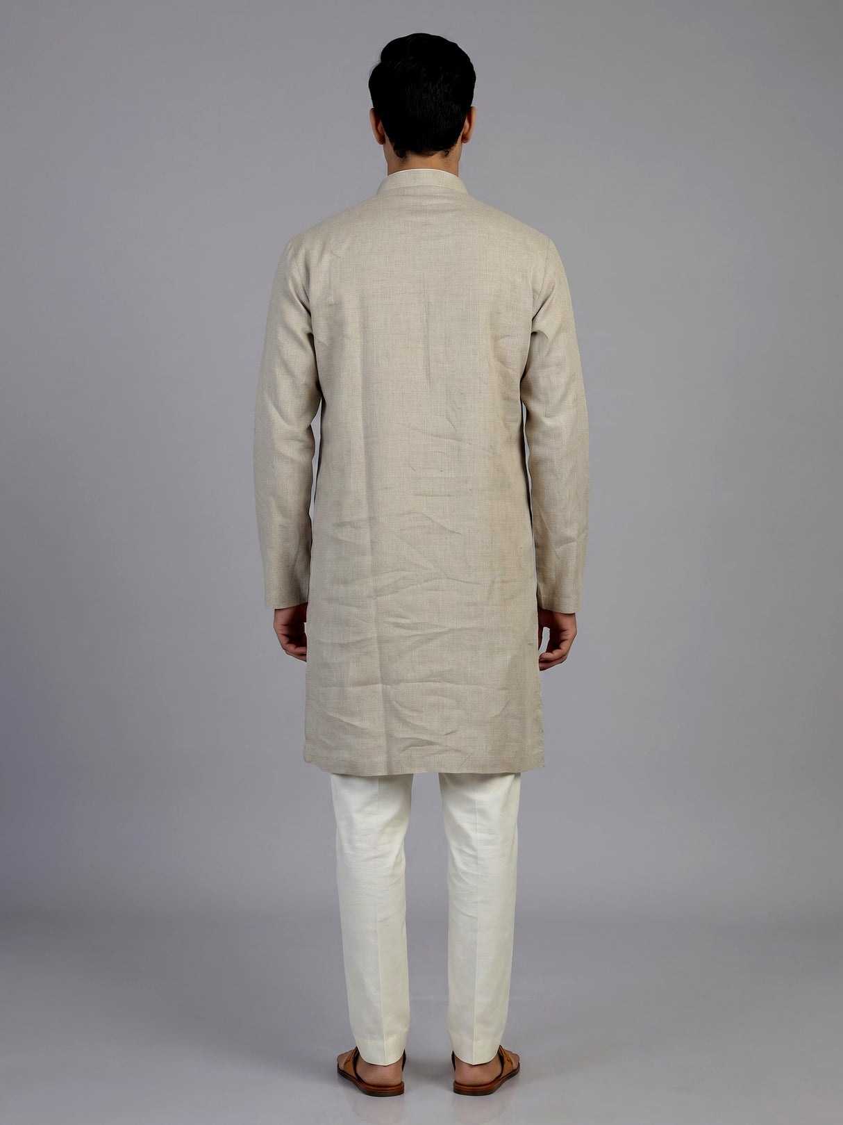 Beige linen silk mens kurta suit with elegant butti embroidery
