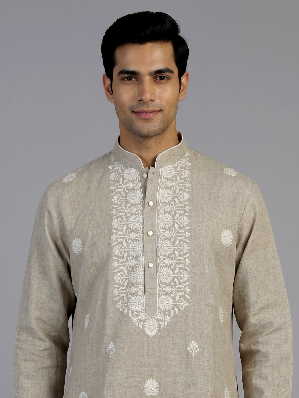 Beige linen silk mens kurta suit with elegant butti embroidery