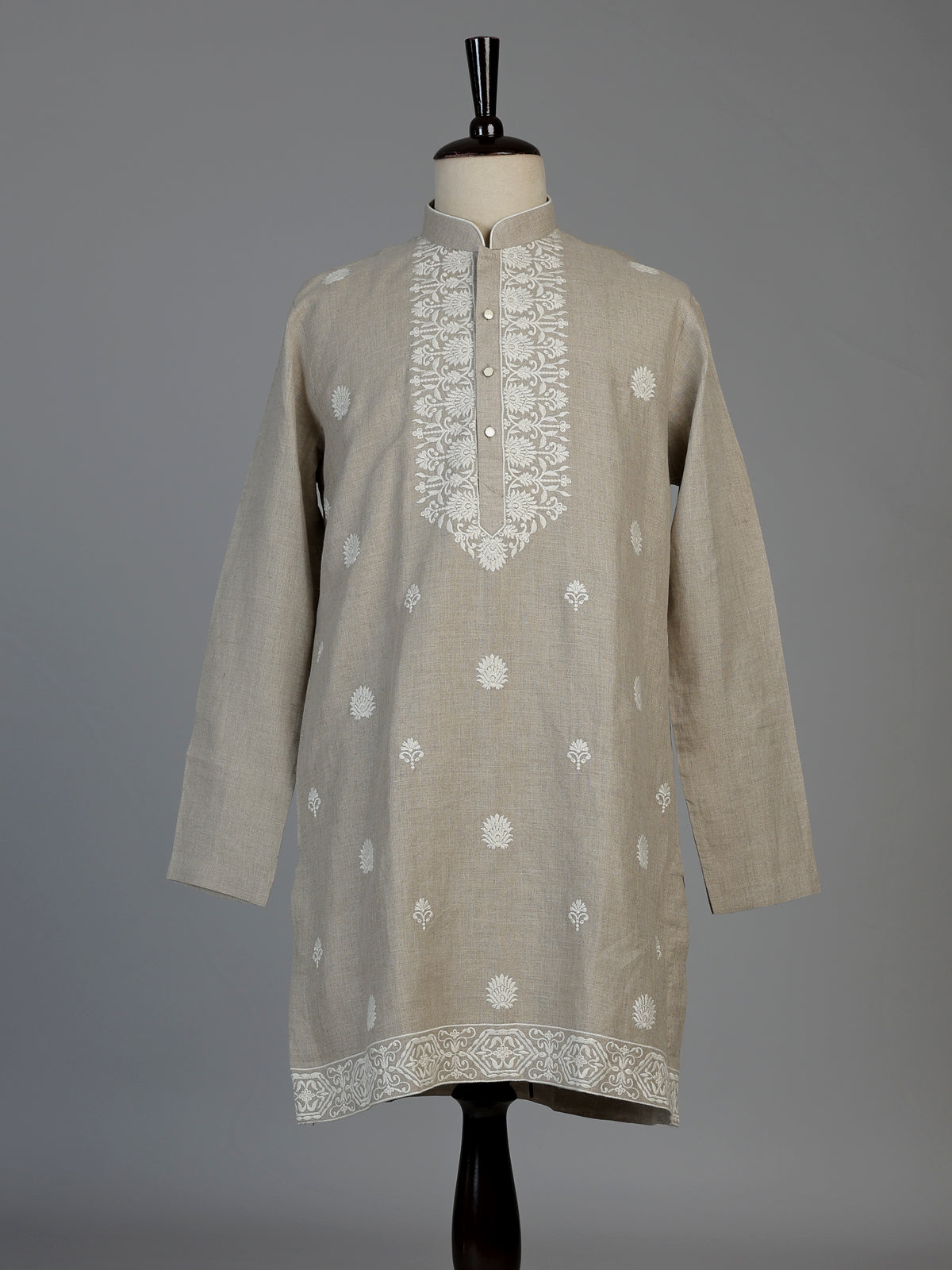 Beige linen silk mens kurta suit with elegant butti embroidery