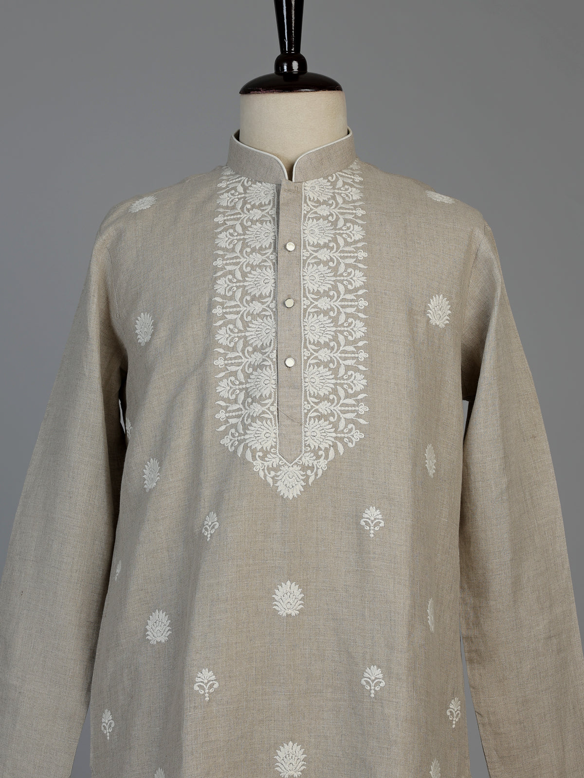 Beige linen silk mens kurta suit with elegant butti embroidery