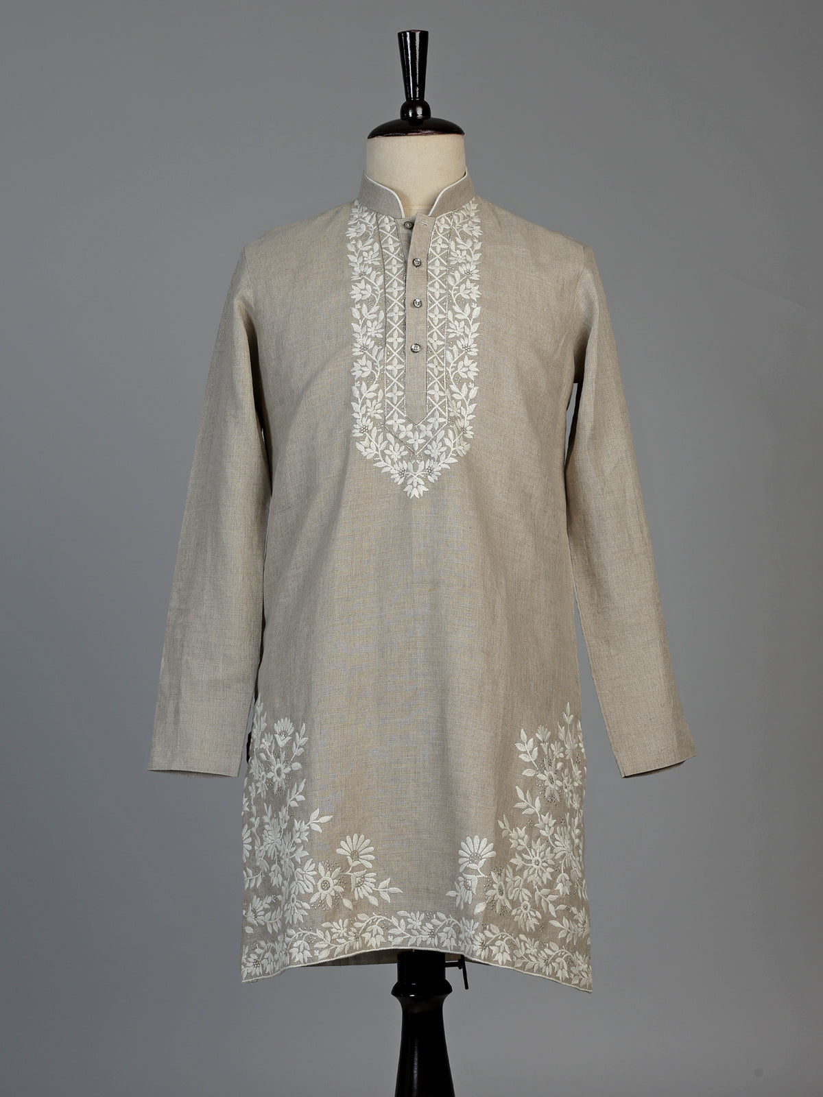 Beige linen silk mens kurta suit with sophisticated embroidery