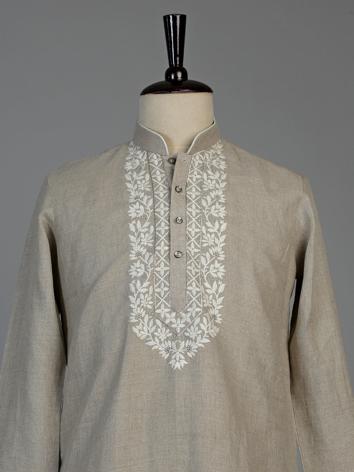 Beige linen silk mens kurta suit with sophisticated embroidery