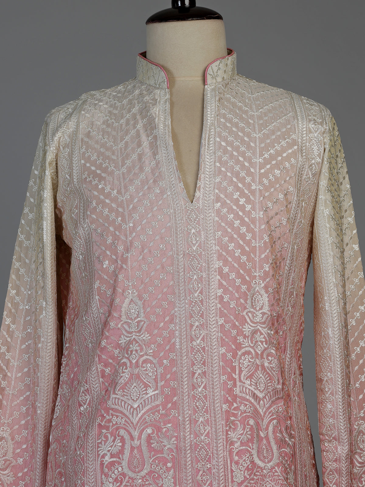 Cream pink silk mens kurta suit with shaded festive elegance