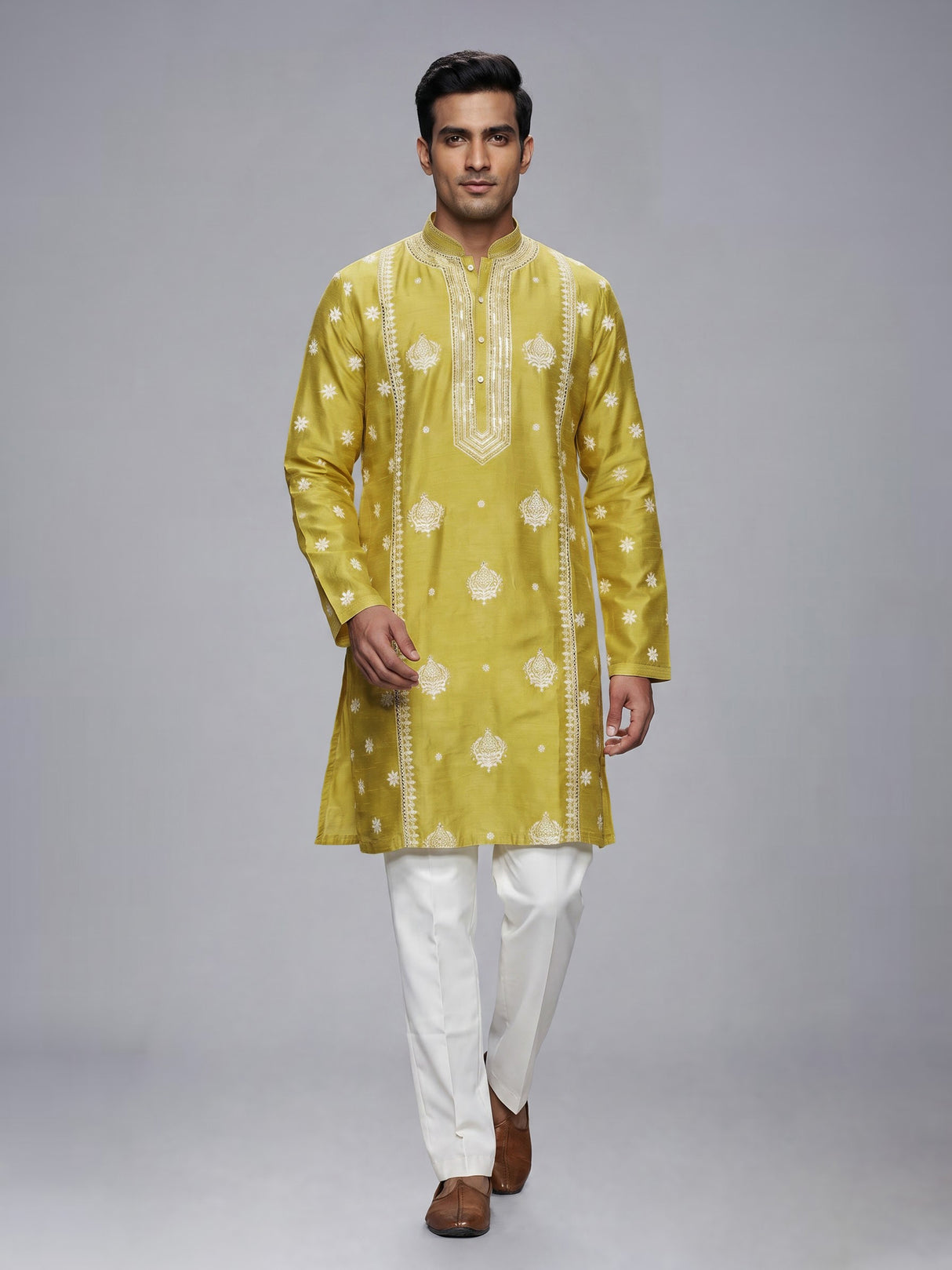 Mehendi green raw silk mens kurta suit with elegant butti work