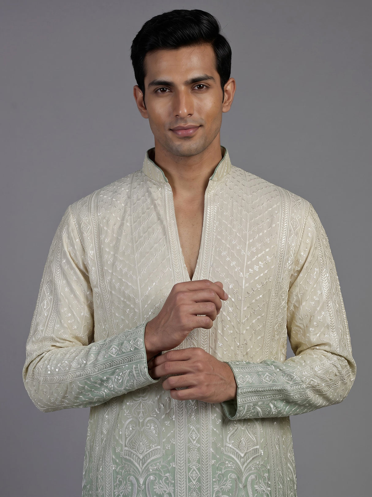 Cream green silk mens kurta suit with graceful shaded detailing