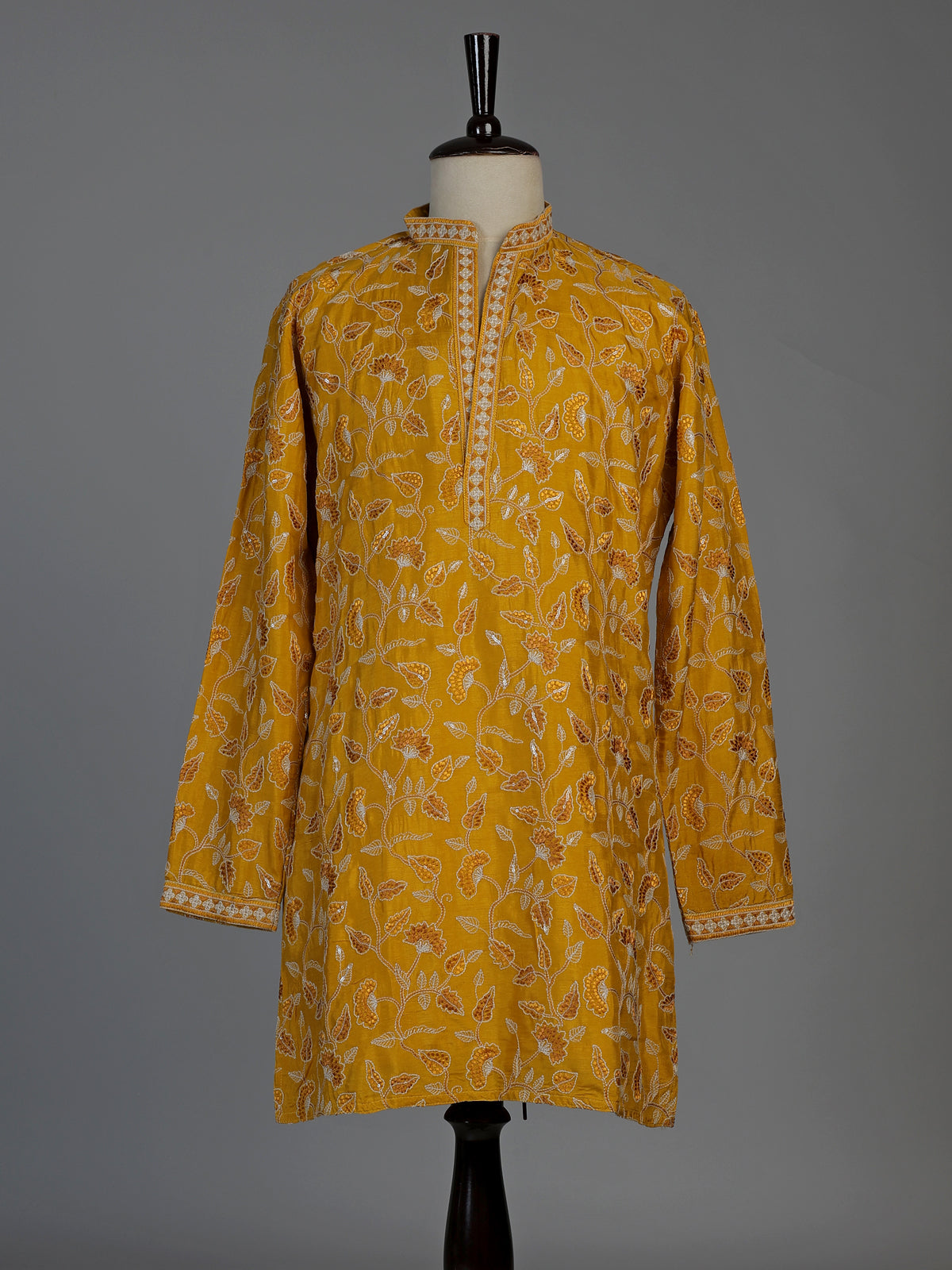 Mustard yellow silk mens kurta suit with sparkling aabla embellishments