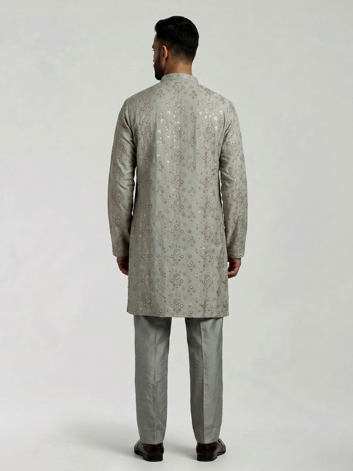 Dusty mint green silk blend mens kurta suit with sparkling detailing