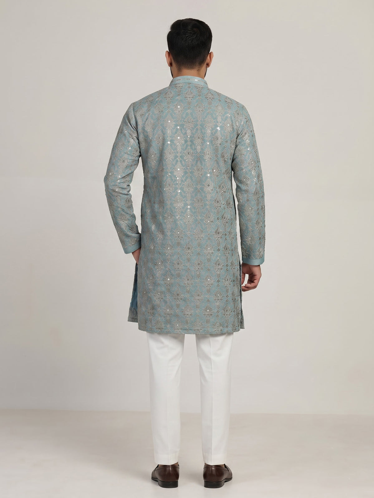 Sky blue silk mens kurta suit with elegant sequined aabla work
