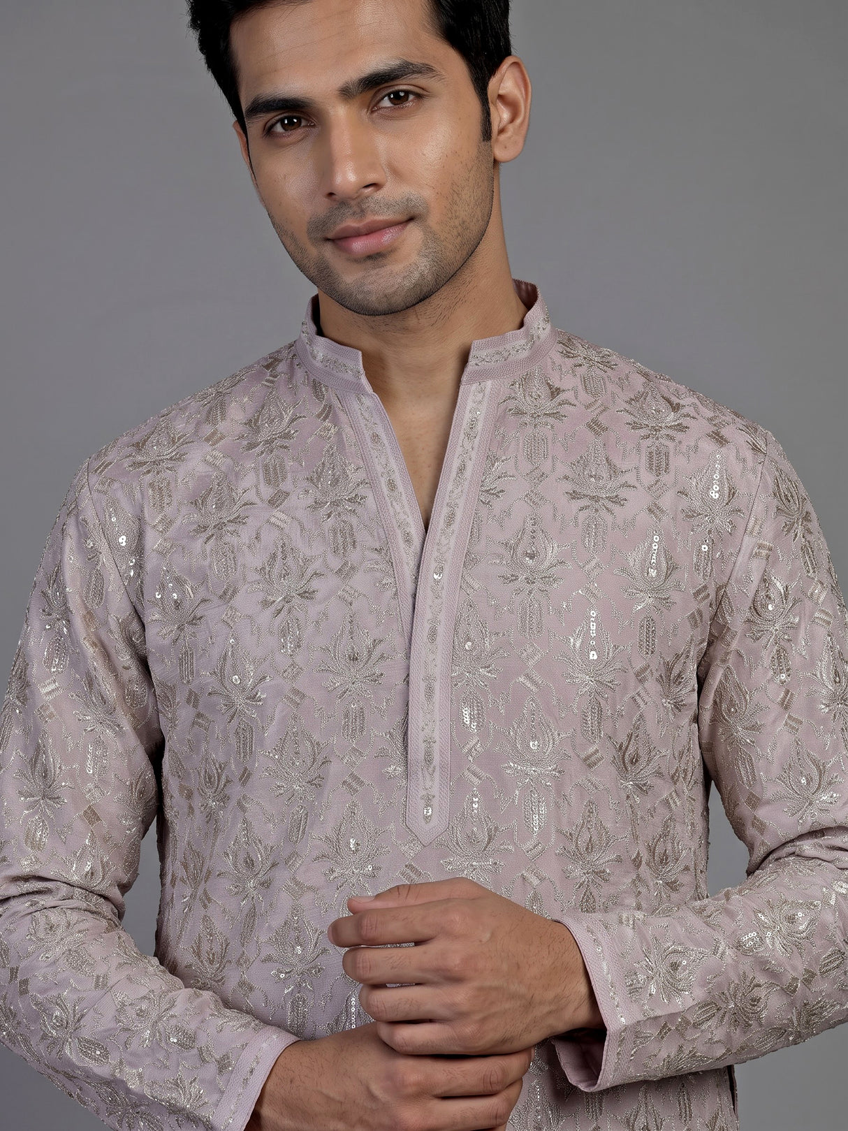 Lilac purple silk mens kurta suit with intricate aabla embellishments