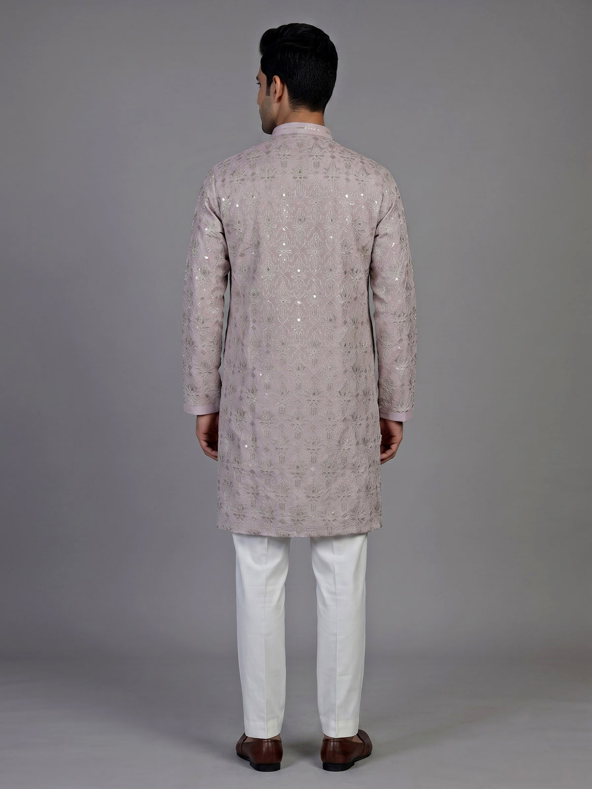 Lilac purple silk mens kurta suit with intricate aabla embellishments