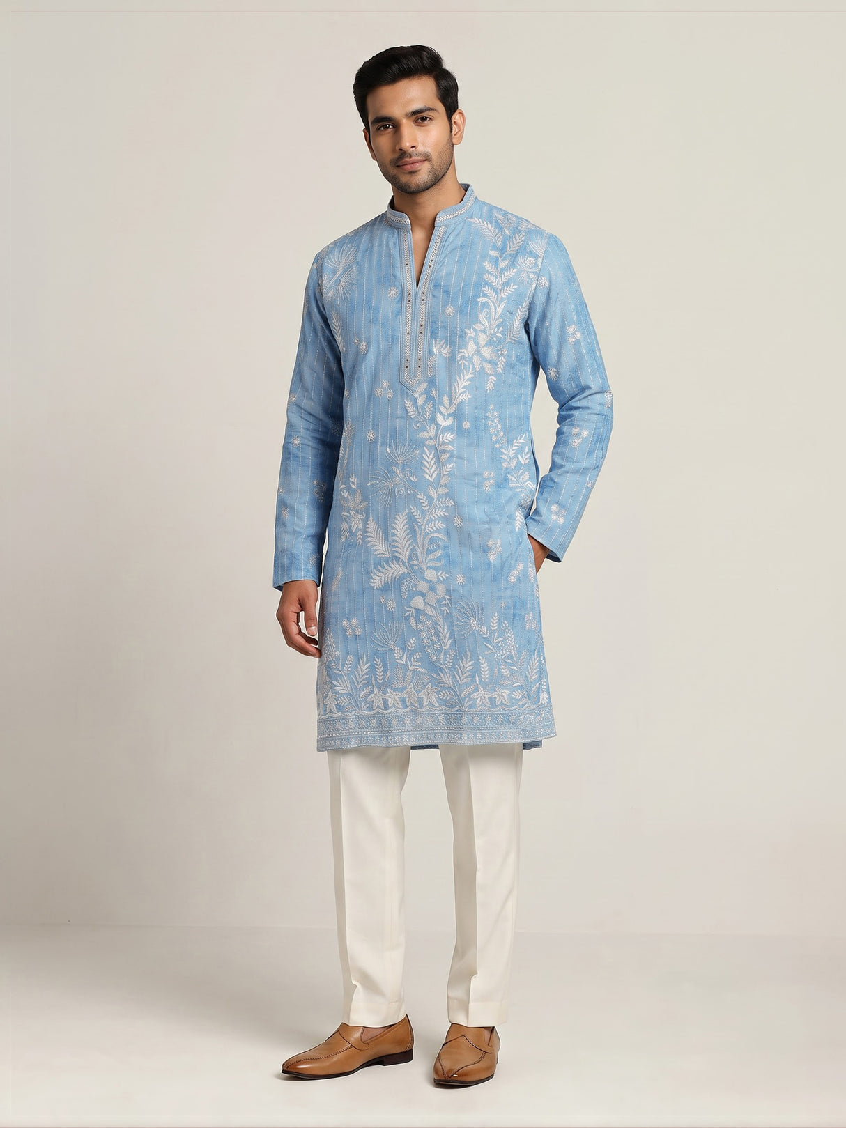 Sky blue silk mens kurta suit with shimmering aabla embellishments