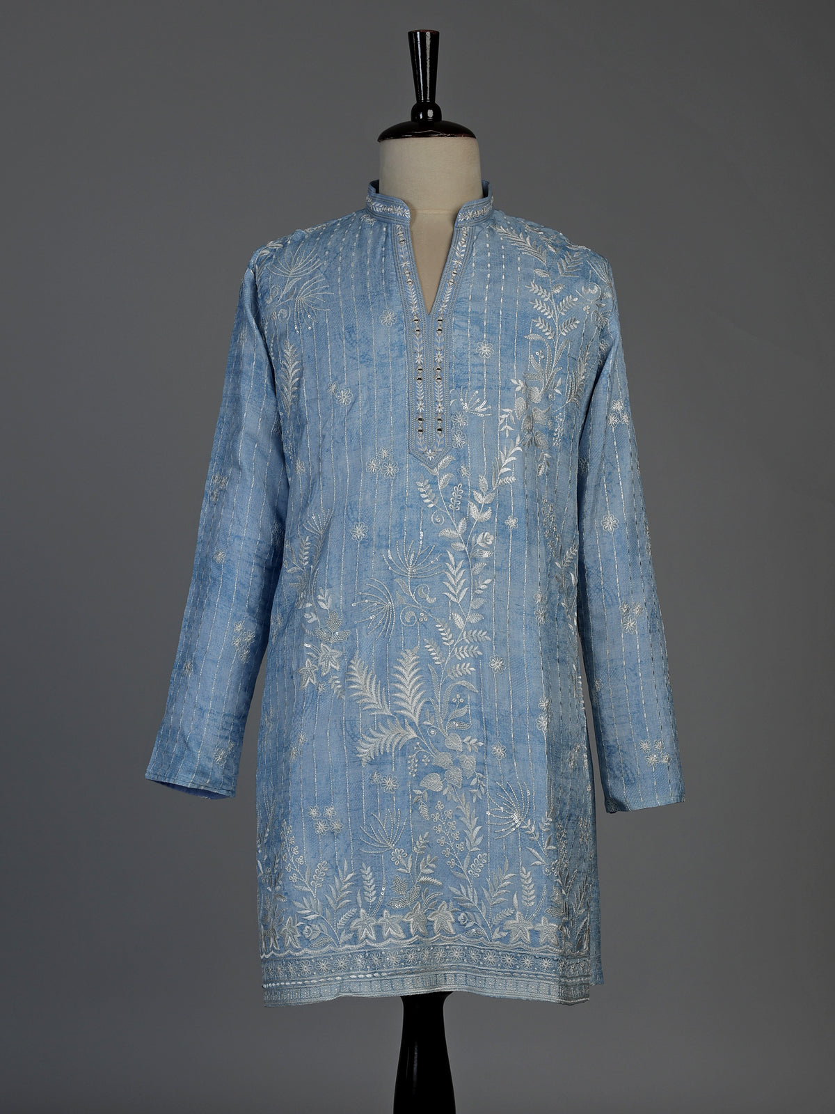 Sky blue silk mens kurta suit with shimmering aabla embellishments