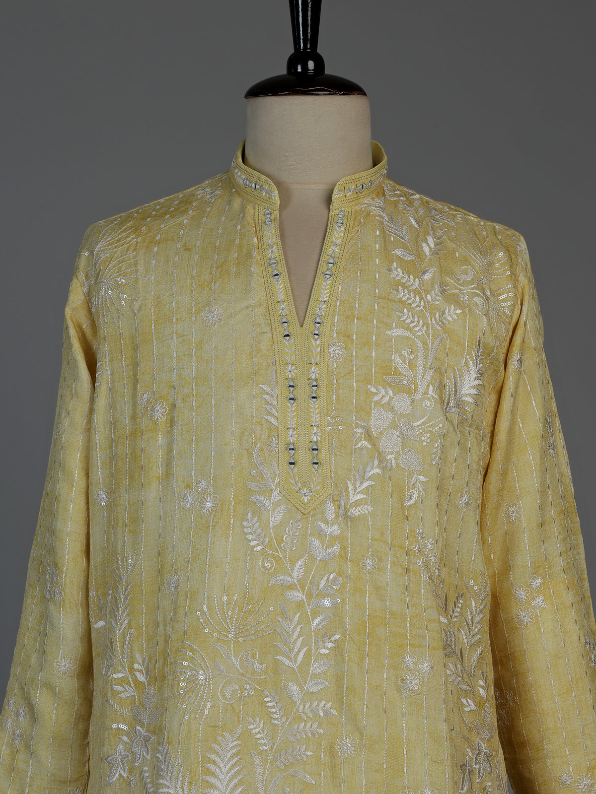 Yellow silk mens kurta suit with sparkling aabla and sequin work