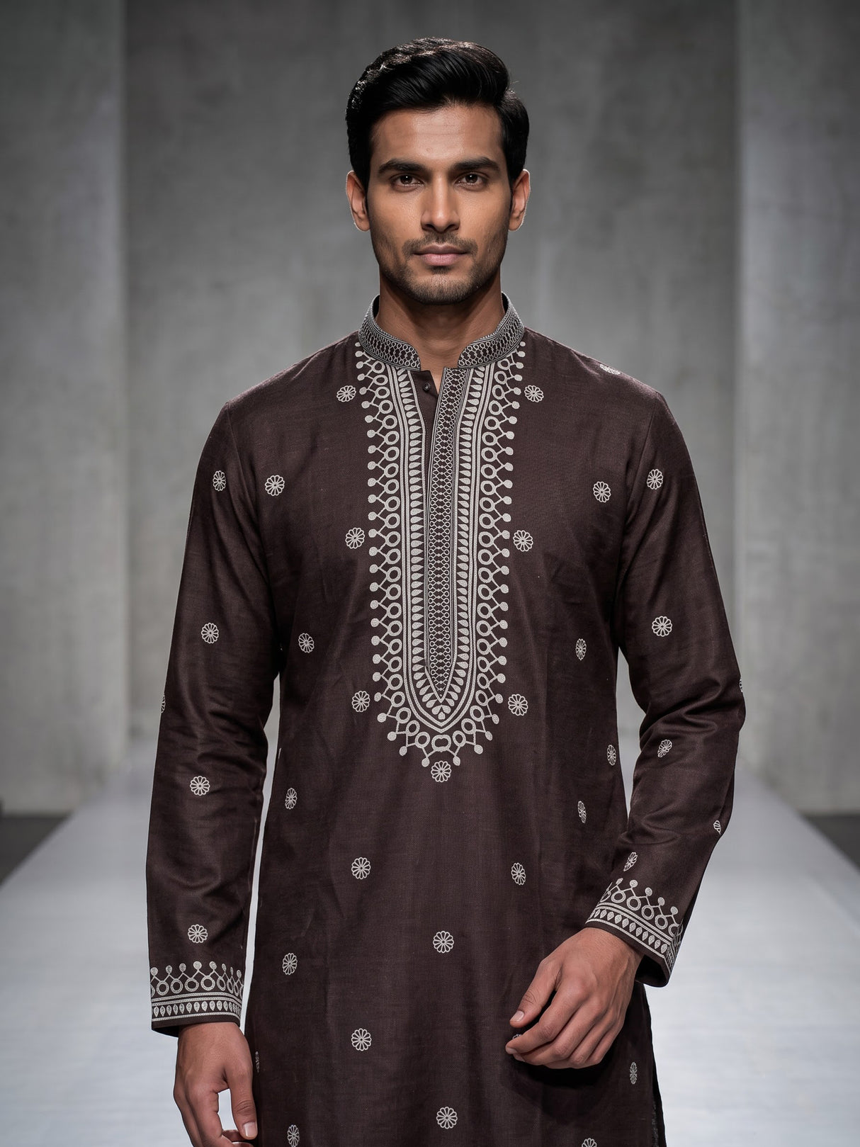 Dark charcoal brown cotton silk mens kurta suit with printed styling