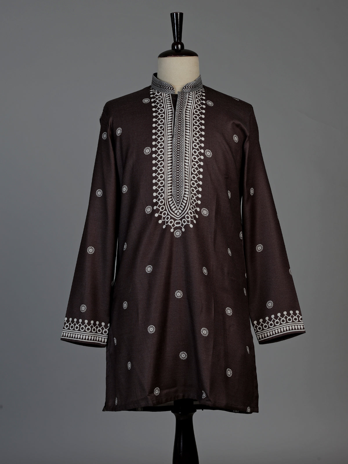 Dark charcoal brown cotton silk mens kurta suit with printed styling