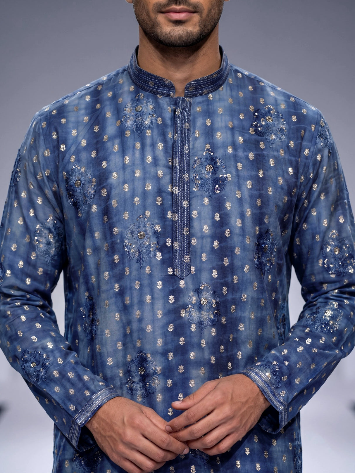 Blue silk mens kurta suit with shaded finish and zari butti work