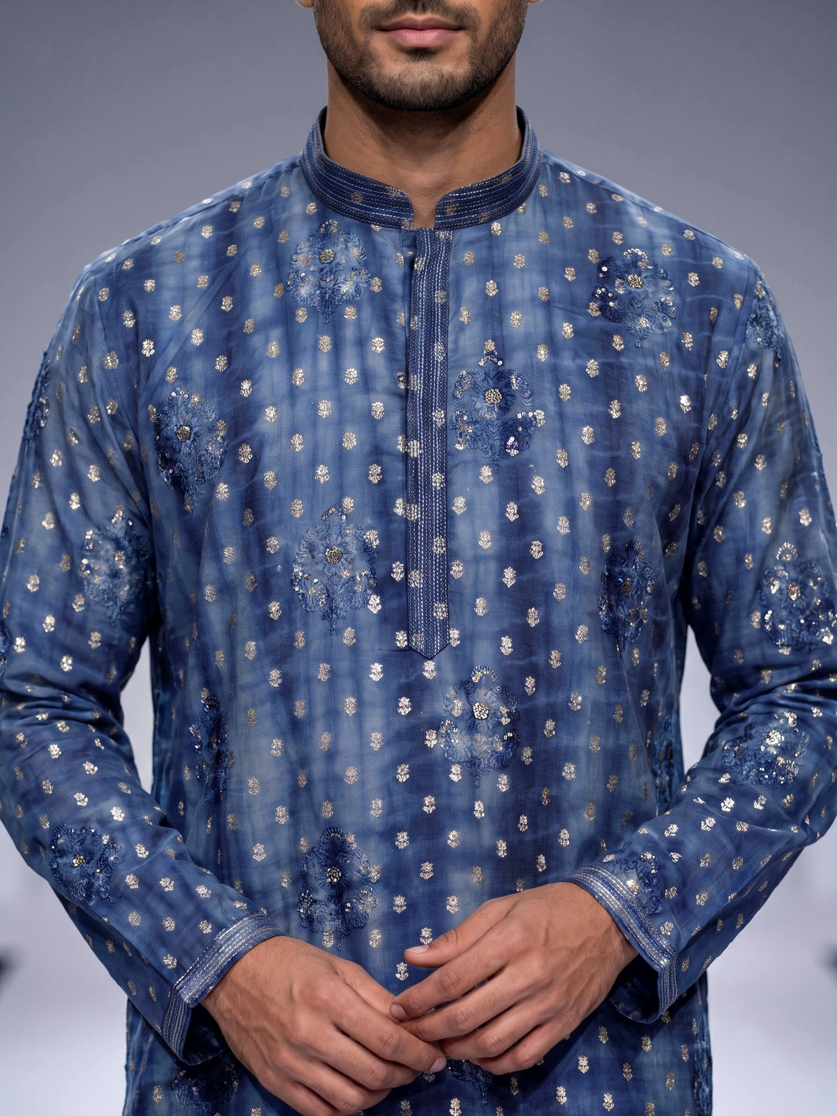 Blue silk mens kurta suit with shaded finish and zari butti work