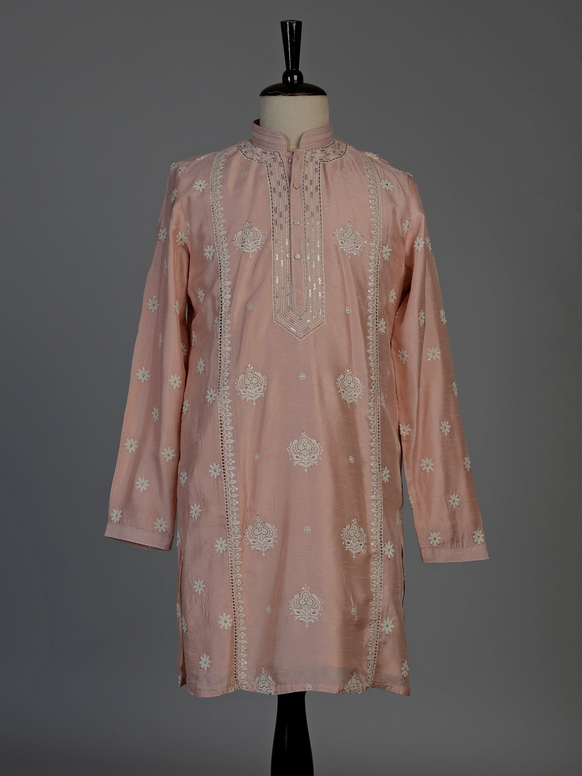 Peach raw silk mens kurta suit with intricate sequin and butti work