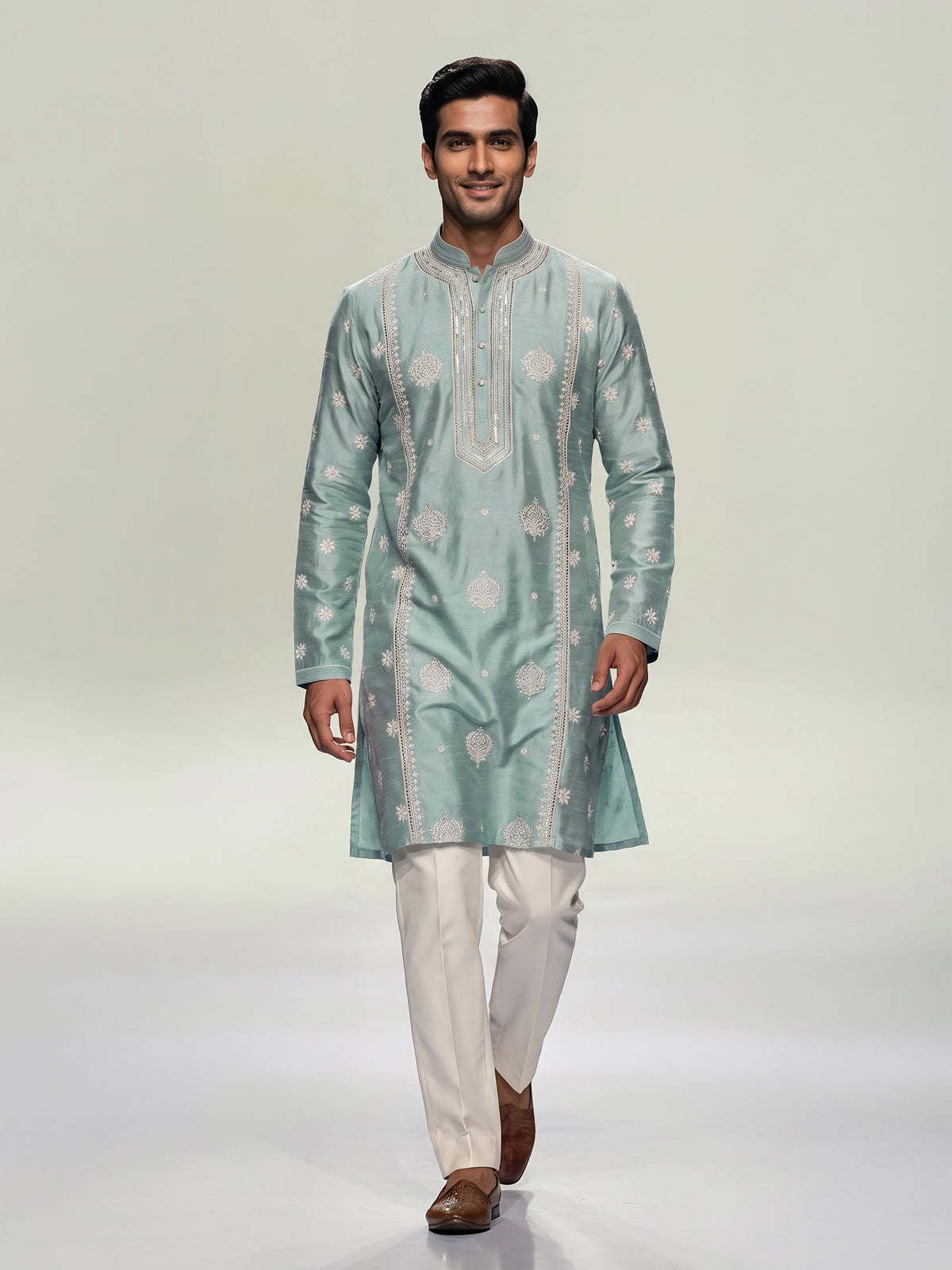 Mint blue raw silk mens kurta suit with graceful butti detailing