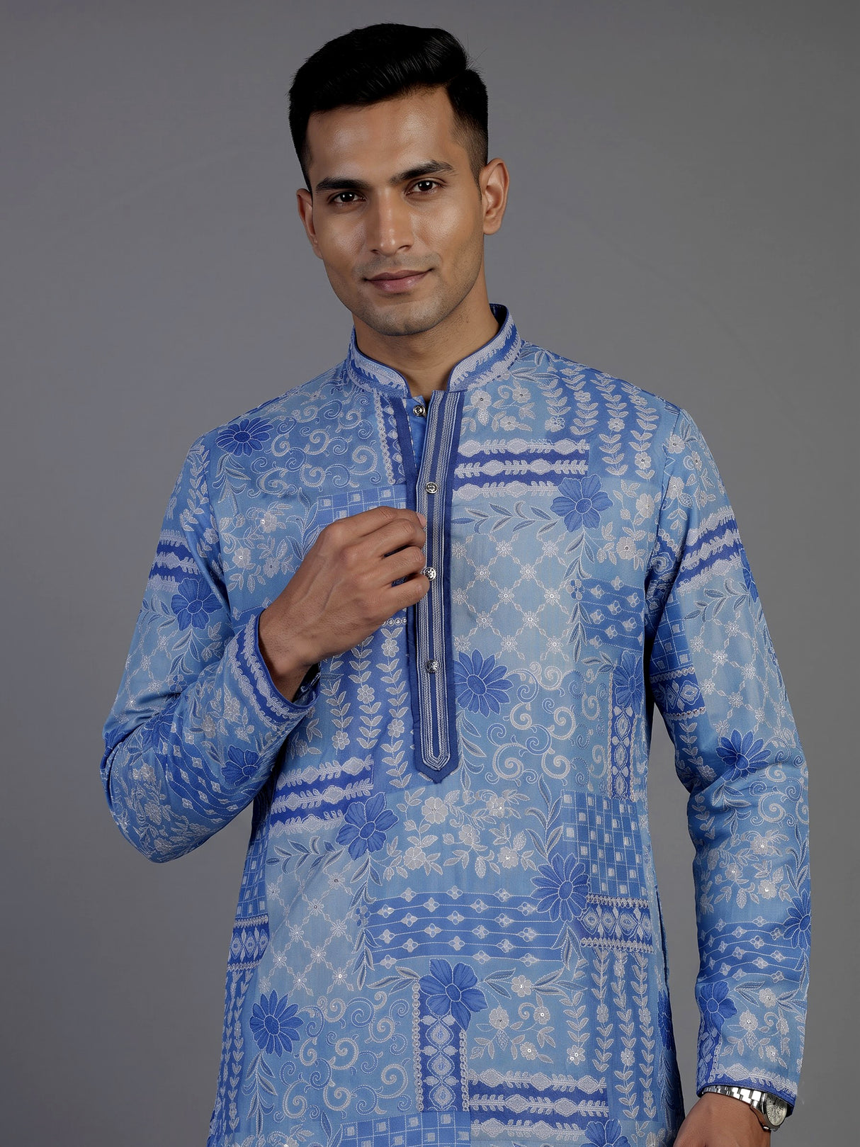 Blue silk mens kurta suit with printed dupatta and threadwork